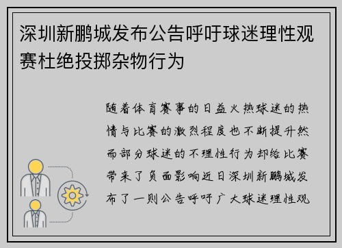 深圳新鹏城发布公告呼吁球迷理性观赛杜绝投掷杂物行为